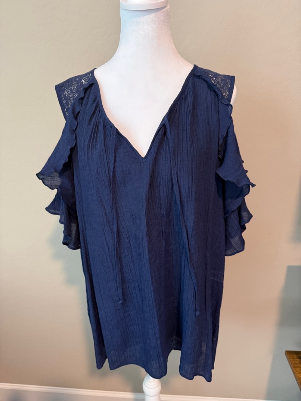 Alyx Navy V-Neck Cold-Shoulder Ruffle Blouse